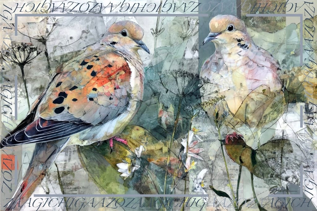 A mixed media painting of a pair of Mourning Doves by acclaimed Métis Nature Artist Tracey Lee Green