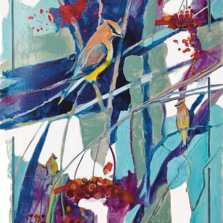 An abstracted acrylic painting of Cedar Waxwings by Nationally Acclaimed Canadian Métis Nature Artist Tracey Lee Green.