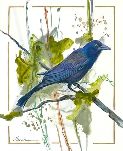 An acrylic painting of a common grackle titled “one of many” by renowned Métis nature artist Tracey Lee Green.