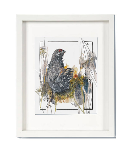 An acrylic painting of a Spruce Grouse by Nationally Acclaimed Métis Nature Artist Tracey Lee Green.