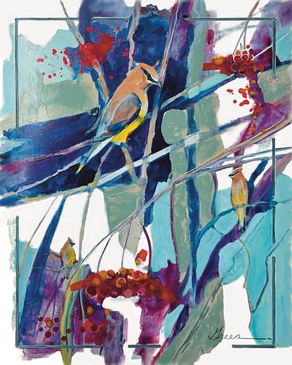 An abstracted acrylic painting of Cedar Waxwings by Nationally Acclaimed Canadian Métis Nature Artist Tracey Lee Green.