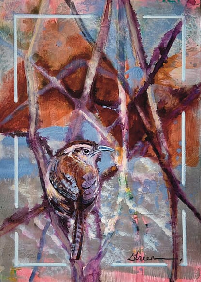 An acrylic painting of a Carolina Wren perched on a branch. Painted by Acclaimed Métis Nature Artist Tracey Lee Green.