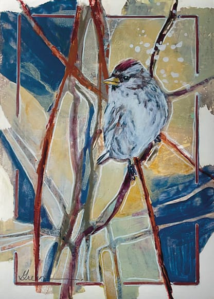 An acrylic painting of a Common Redpoll by Acclaimed Métis Nature Artist Tracey Lee Green.